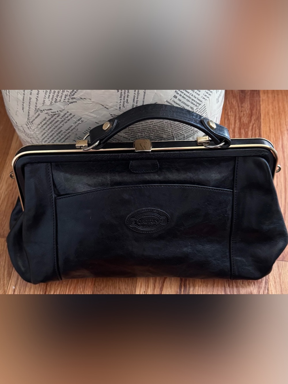 Oroton Black Leather Top-Handle Doctor Bag with Gold-Tone Frame